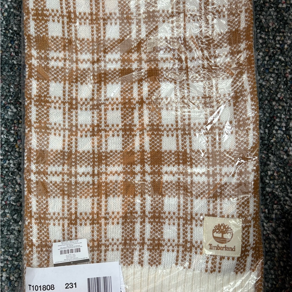 Timberland Checkered Scarf in Tan and White